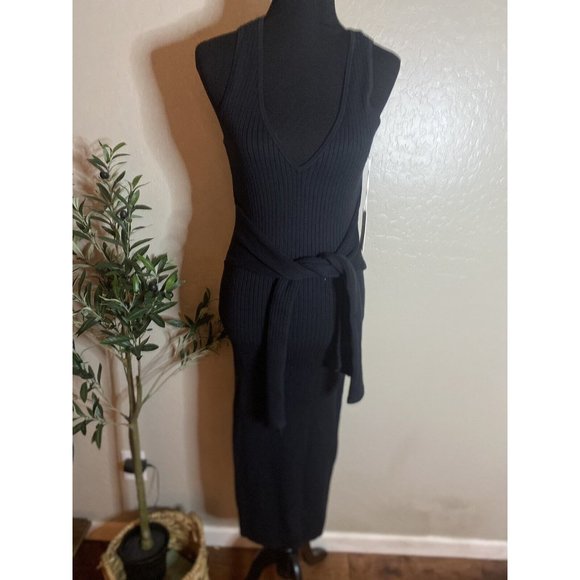 Good American Dress Black Belted BodyCon Ribbed Sleeveless Knit Size 3 Large NWT - Picture 4 of 6